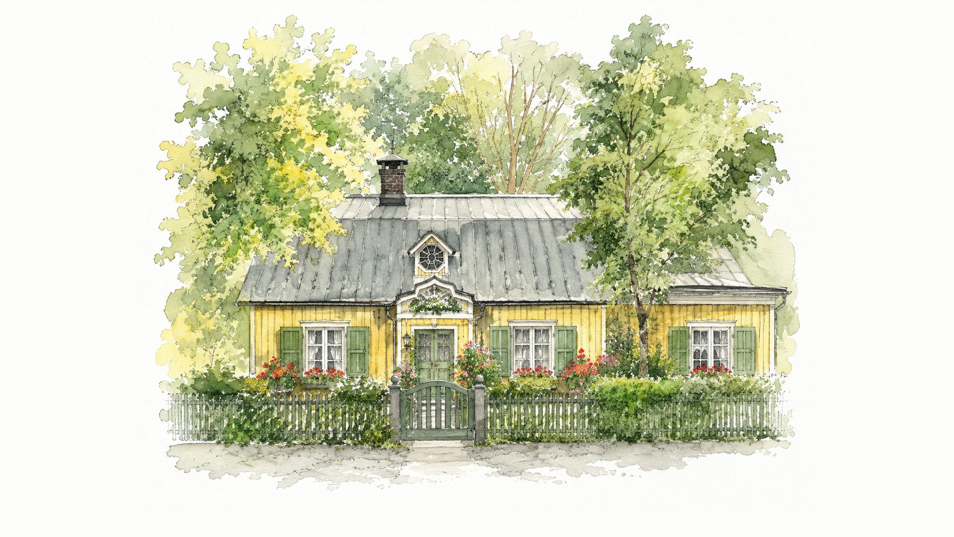 Akvarell av Solnadals Värdshus, gult trähus med gröna luckor och blommande trädgård